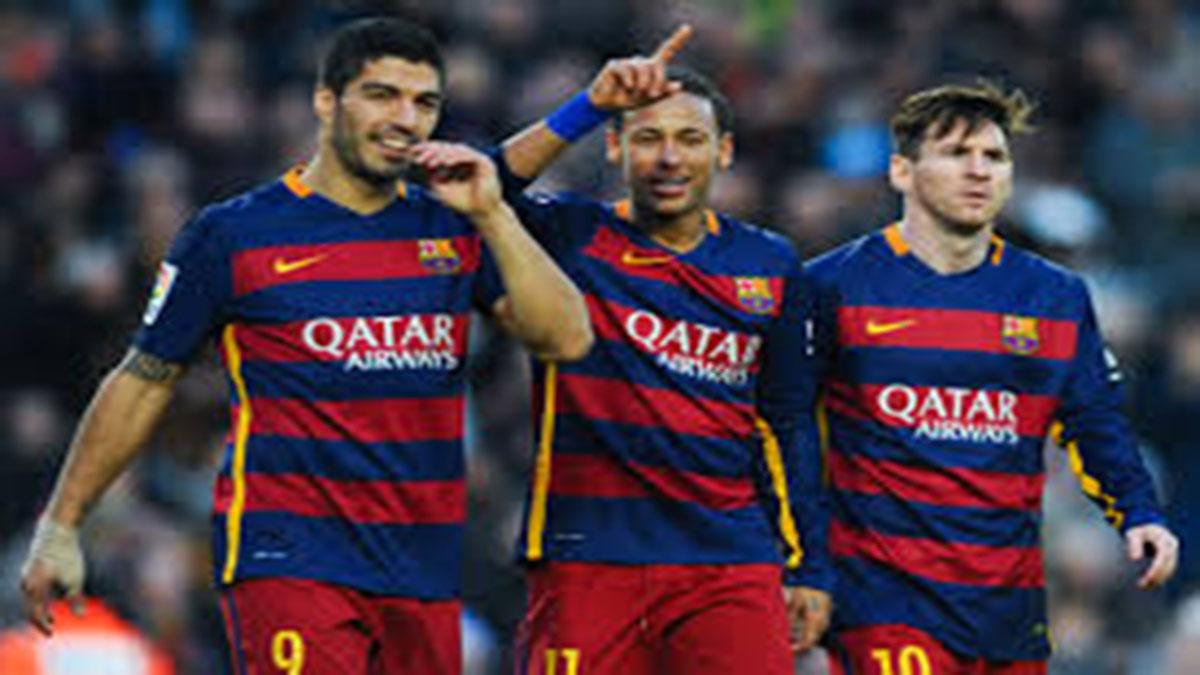 Trio penyerang Barcelona, Lionel Messi, Luis Suarez dan Neymar. - INDOSPORT